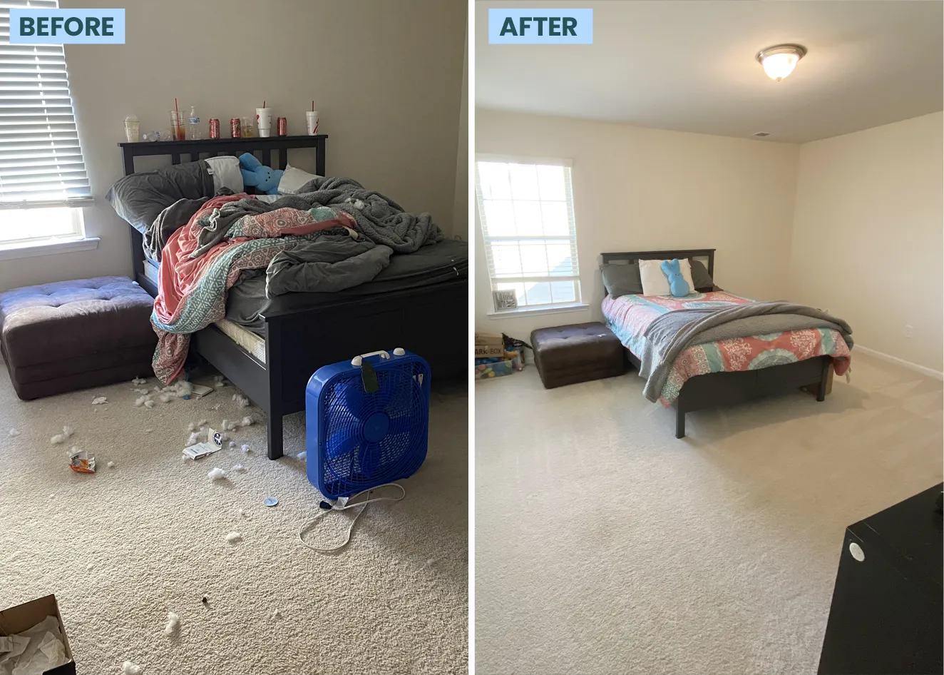 Before and after of a bedroom, move-out clean cleaned by Maid for America in Charlotte, NC