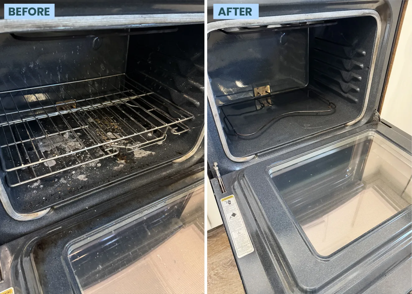 Before and after of a oven, deep clean cleaned by Maid for America in Charlotte, NC
