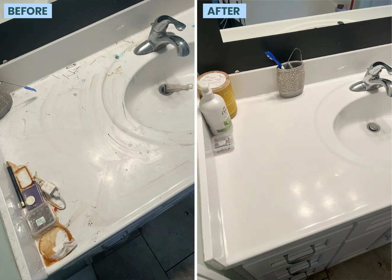 Before and after of a kitchen counter, matthews cleaned by Maid for America in Charlotte, NC
